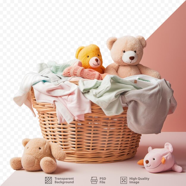 PSD baby clothes and crochet toys next to laundry basket on transparent background