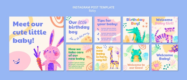 Baby event instagram posts collection with animal drawings