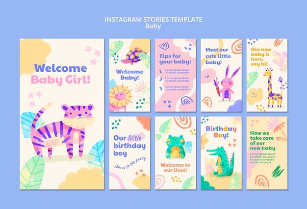 Baby event instagram stories collection with animal drawings