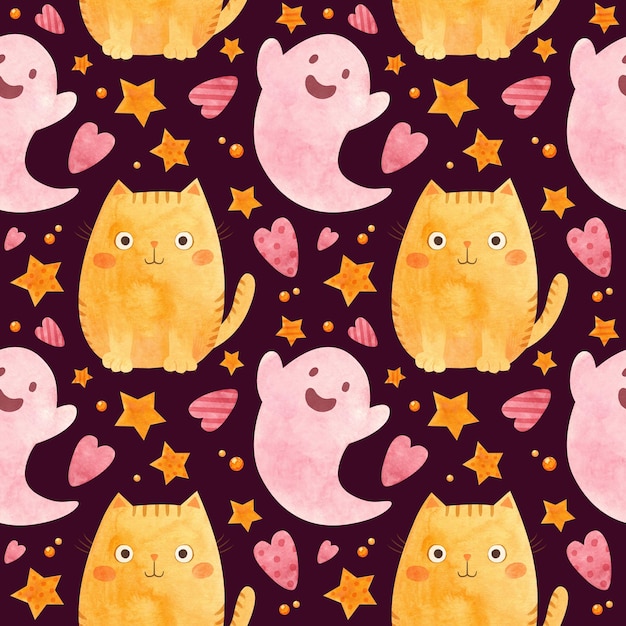 Baby Halloween naadloos patroon met roze geesten en mollige gemberkatten Leuke kinderachtige achtergrond PSD