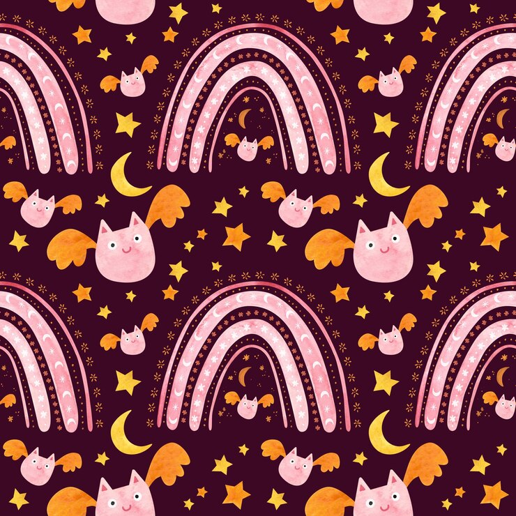 PSD baby halloween seamless pattern with cute pink bats and rainbows cute childish background psd