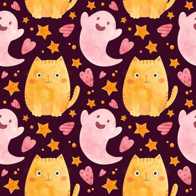 Baby halloween seamless pattern with pink ghosts and plump ginger cats cute childish background psd