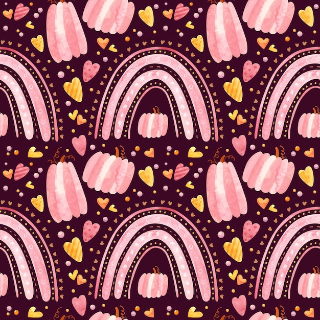 PSD baby halloween seamless pattern with pink rainbows and pumpkins cute childish background psd