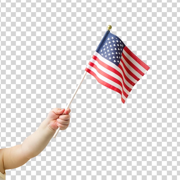 PSD 透明な背景にアメリカ国旗を掲げている赤ちゃんの手