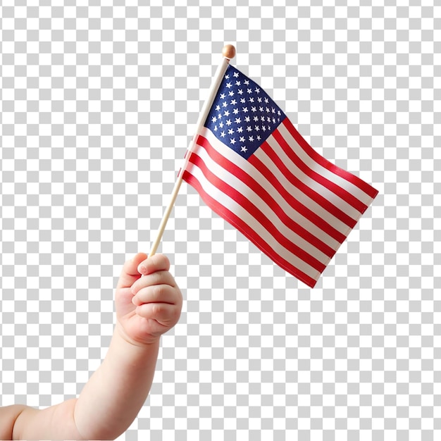 Baby hand holding american flag isolated on transparent background