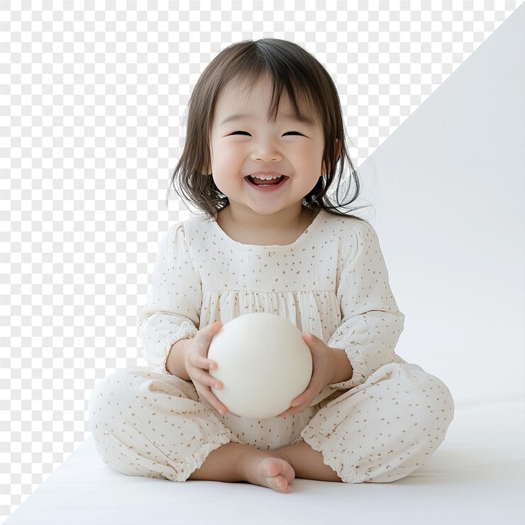PSD 아기가 웃고 공을 들고 웃고 있다.