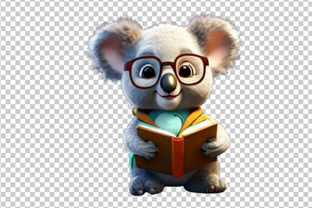 Personaggio dei cartoni animati 3d del bambino koala che legge un libro