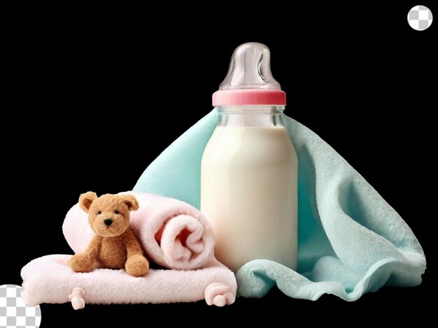 A baby milk bottle towels and pacifier transparent