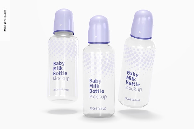 Baby milk bottles mockup, falling