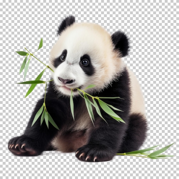 PSD baby panda eating bamboo isolated on transparent background