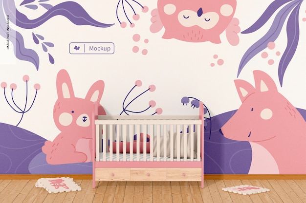 PSD baby room wall with crib mockup, front view