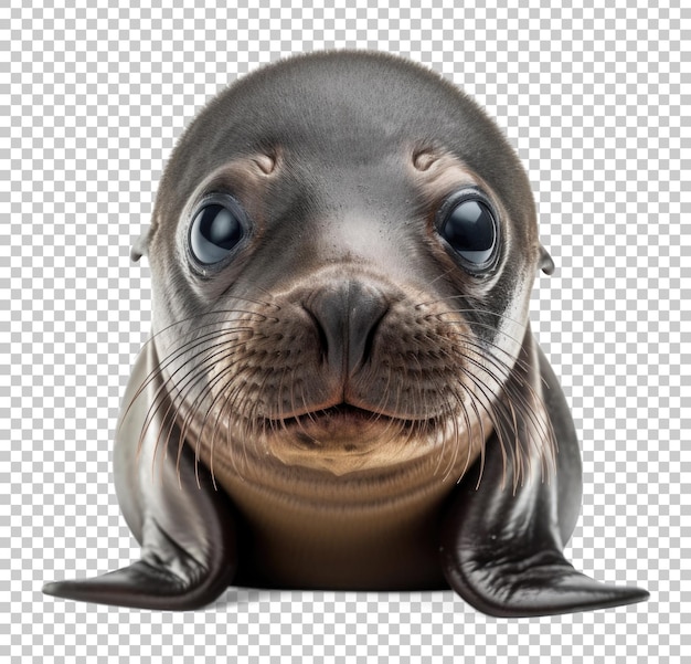 Baby sea lion zoom face shot isolato su sfondo trasparente