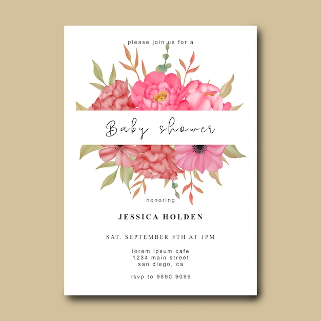 PSD baby shower card with watercolor flowers