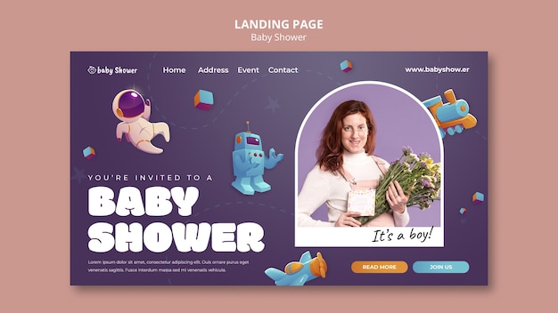 PSD baby shower landing page template with 3d toys