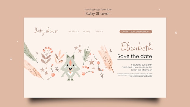 PSD baby shower landing page template with vegetation and fox