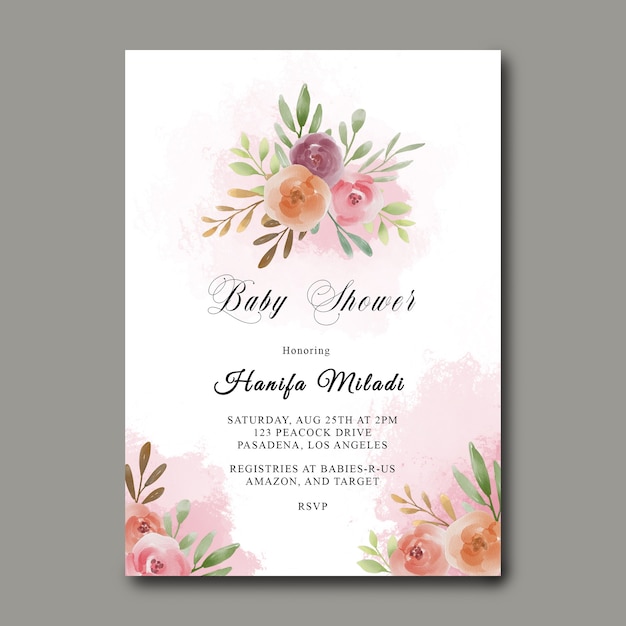 PSD baby shower template with watercolor flower bouquet