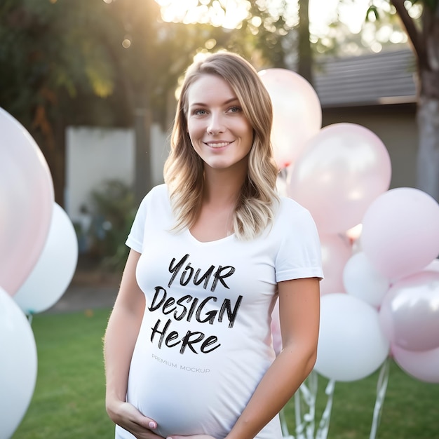 PSD baby shower con palloncini e una donna che indossa una maglietta bianca