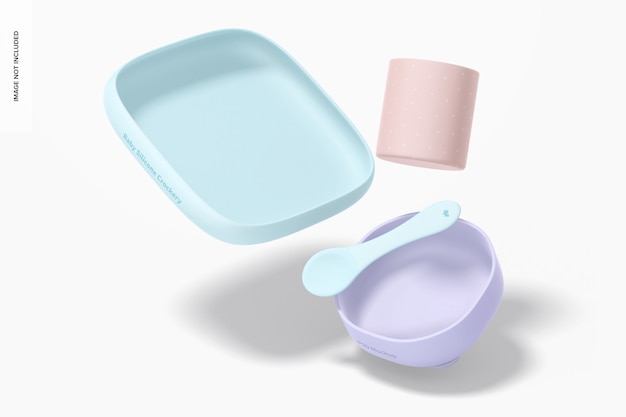 Baby Silicone Crockery Kit Mockup, Falling