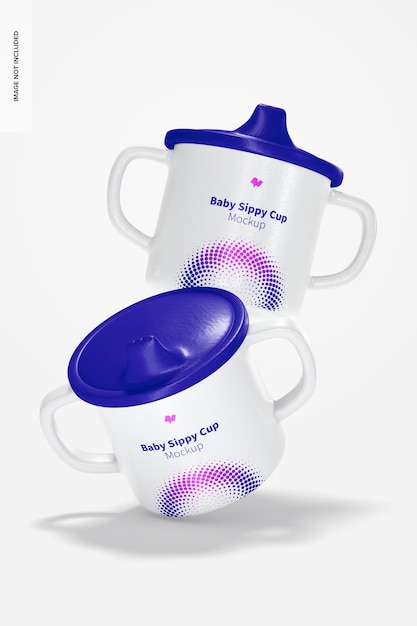 PSD baby sippy cups mockup, falling