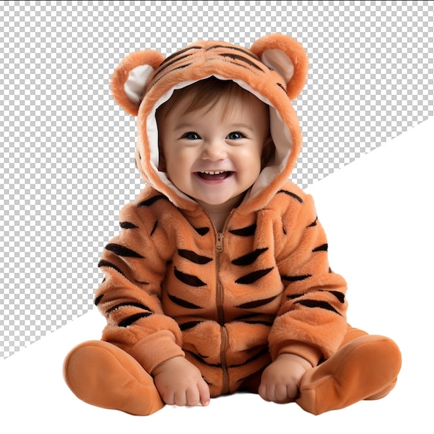 A baby in a tiger outfit is sitting on a white background