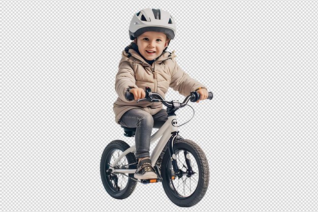 PSD baby who rides a bike standing on white background