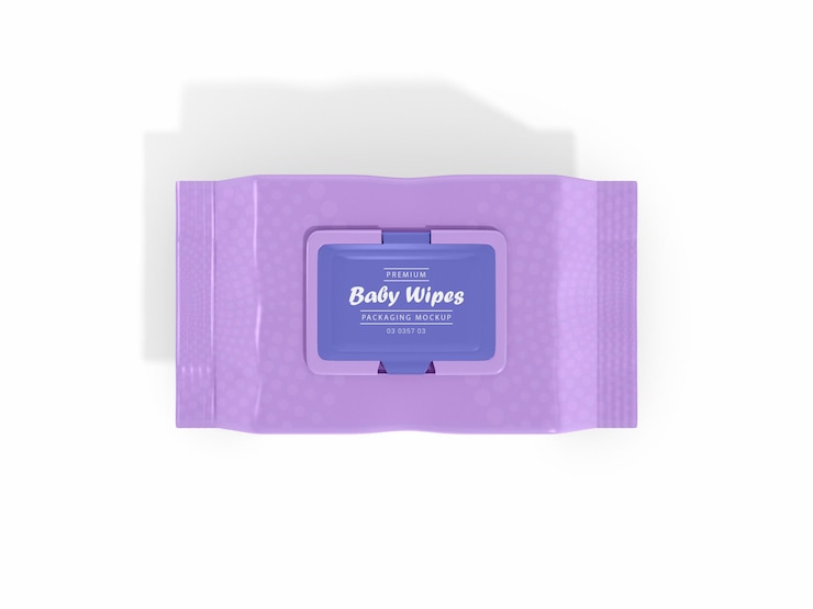 PSD baby wipes glossy foil box packaging mockup