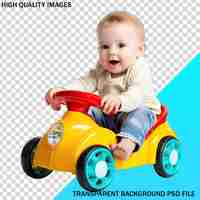 PSD a baby in a yellow car with a red top and blue background