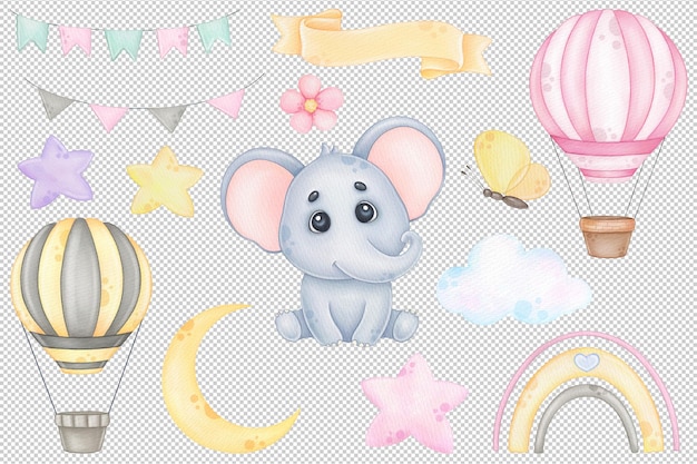 Babyolifant en luchtballon Baby Shower meisje