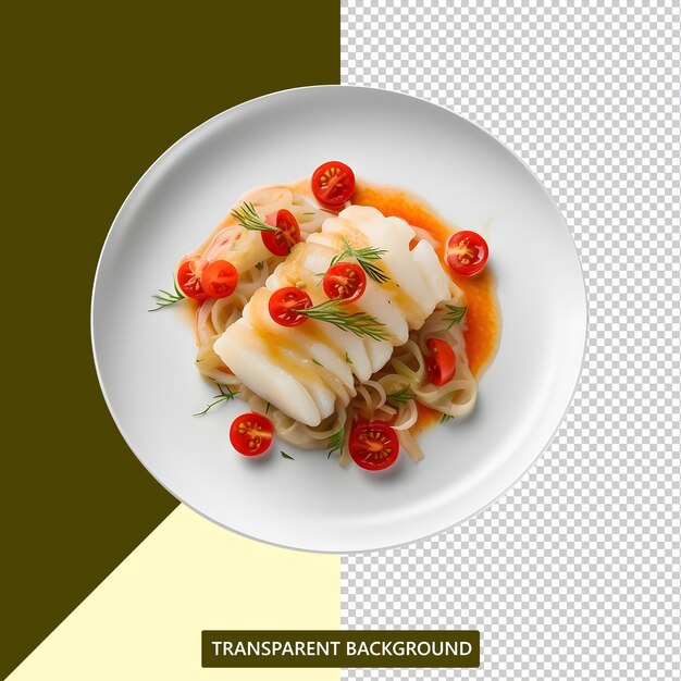 PSD bacalao a la vizcaina beautiful on a serving plate delicious and warm transparent background