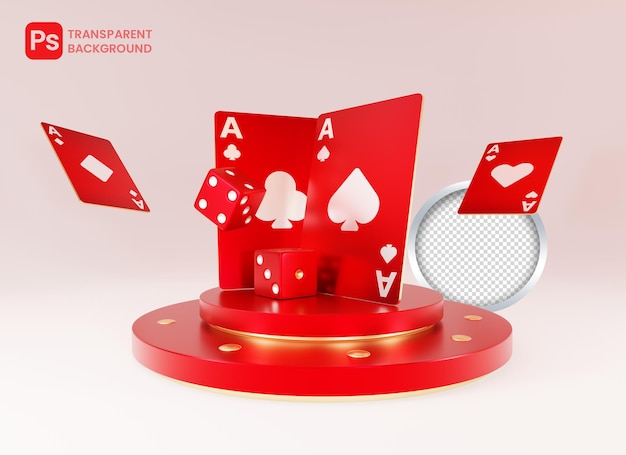 PSD baccarat card betting and red casino dices standing on podium