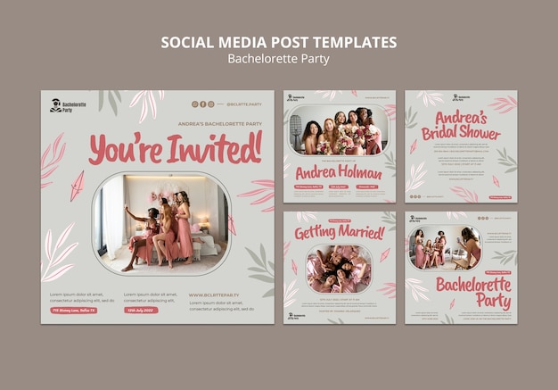 PSD bachelorette party instagram posts collection with leaves