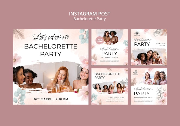 Bachelorette party instagram posts collection with watercolor floral design