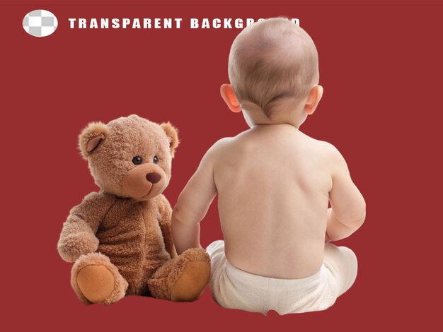 Back of a baby with a teddy bear on transparent background