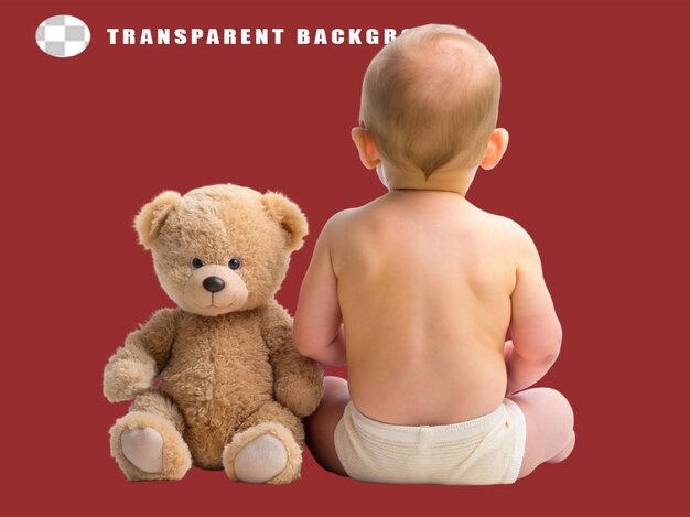 PSD back of a baby with a teddy bear on transparent background