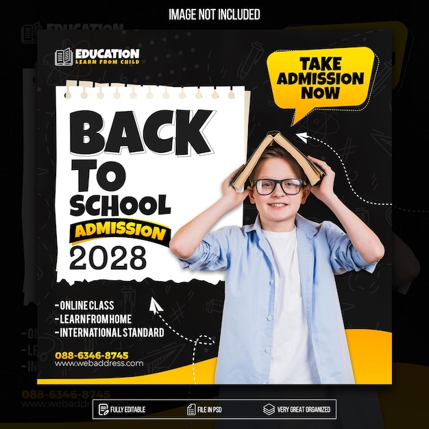 Post sui social media per l'ammissione alla back school e design del modello di post su instagram