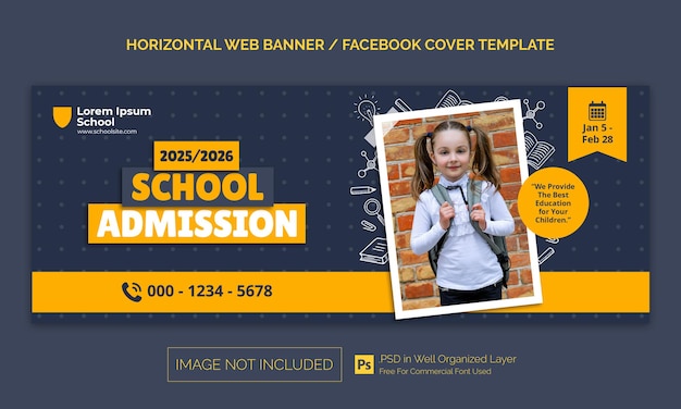 Banner orizzontale per l'ammissione a scuola o modello pubblicitario per la copertina di facebook