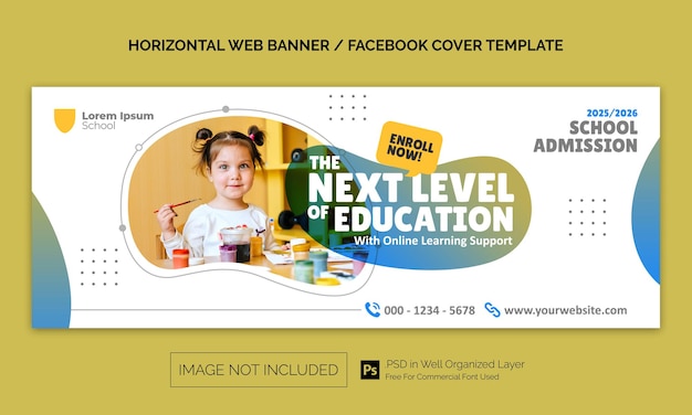 PSD back to school admission horizontal banner or facebook cover advertising template