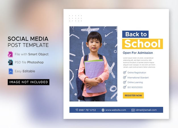 학교 입학 마케팅 소셜 미디어 게시물 또는 사각형 전단지 서식 파일 돌아 가기 Premium Psd