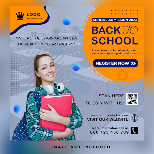 Back to school admission for student social media post or square banner flyer template