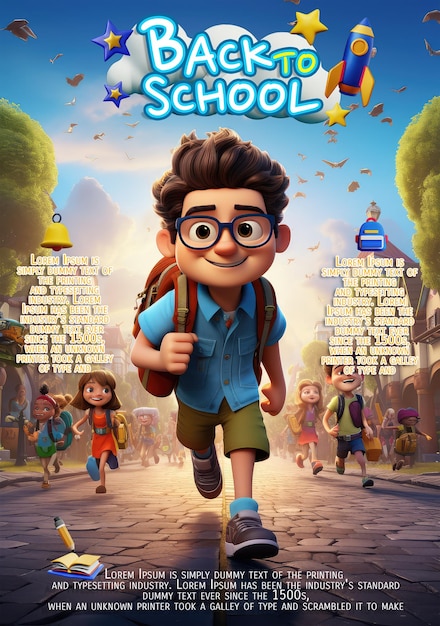 PSD back to school adventure funny and happy 3d character poster with friends ready for a joyful school journey