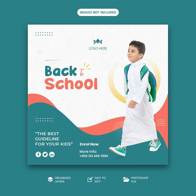 Back to school arab boy social media post banner template with cute student