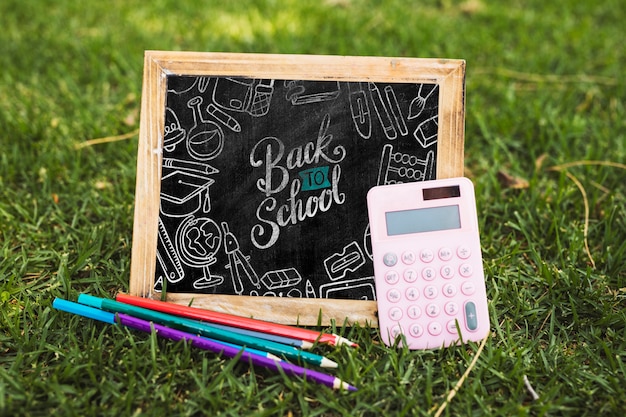 Back to school arrangement with blackboard