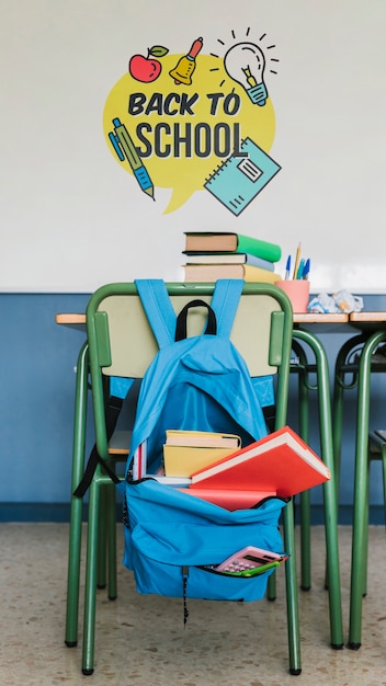 Back to school bag with supplies and wall mock-up