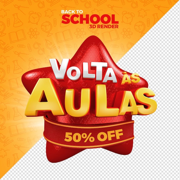 Back to school Label 3D Render in portuguese 50 percent off