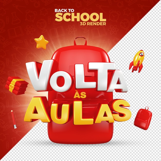 Back to school Label 3D Render in portuguese with school pencil