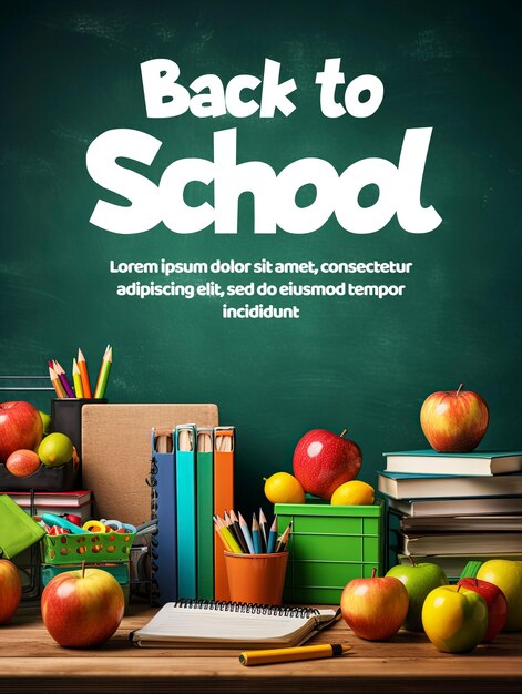 PSD back to school poster with school tools near blackboard like pencils books bags