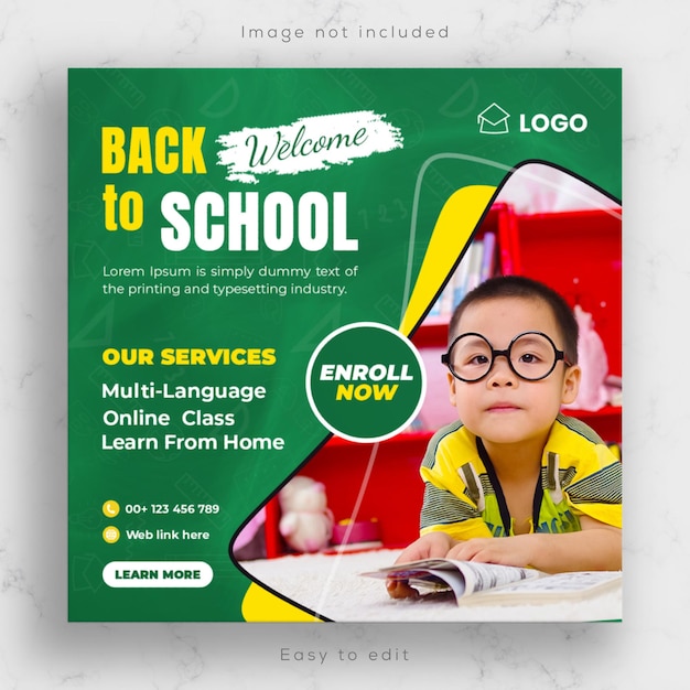 Back to school social media add Banner and educational Instagram post template or square flyer, poster design.