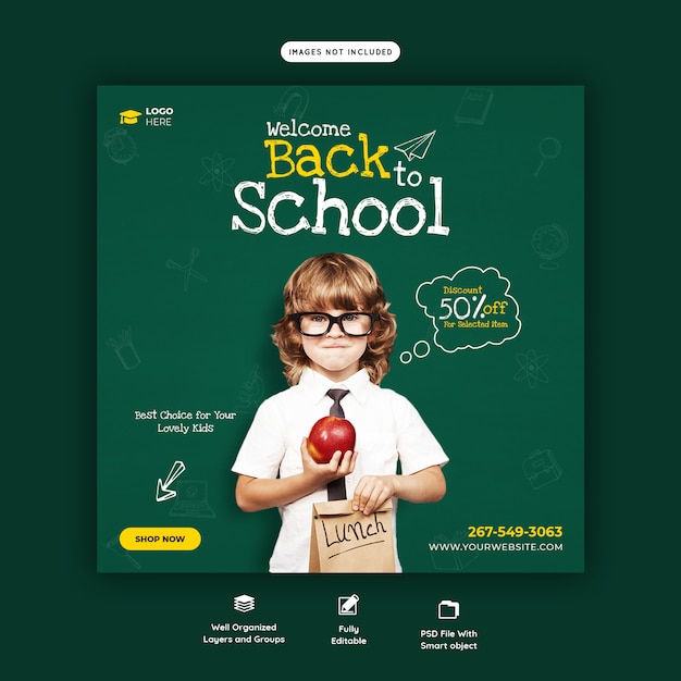 Back to school with discount offer social media post template