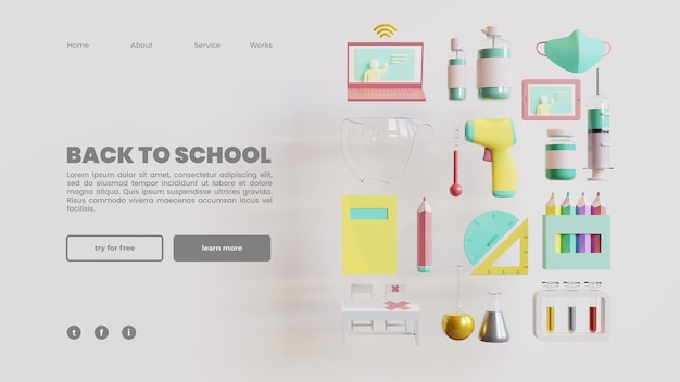 PSD 3dレンダリングイラスト付きの学校に戻るランディングページテンプレート