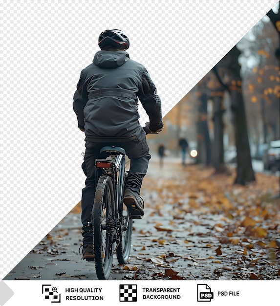 PSD back view of a bike rider in a safety helmet riding his bicycle in a park png